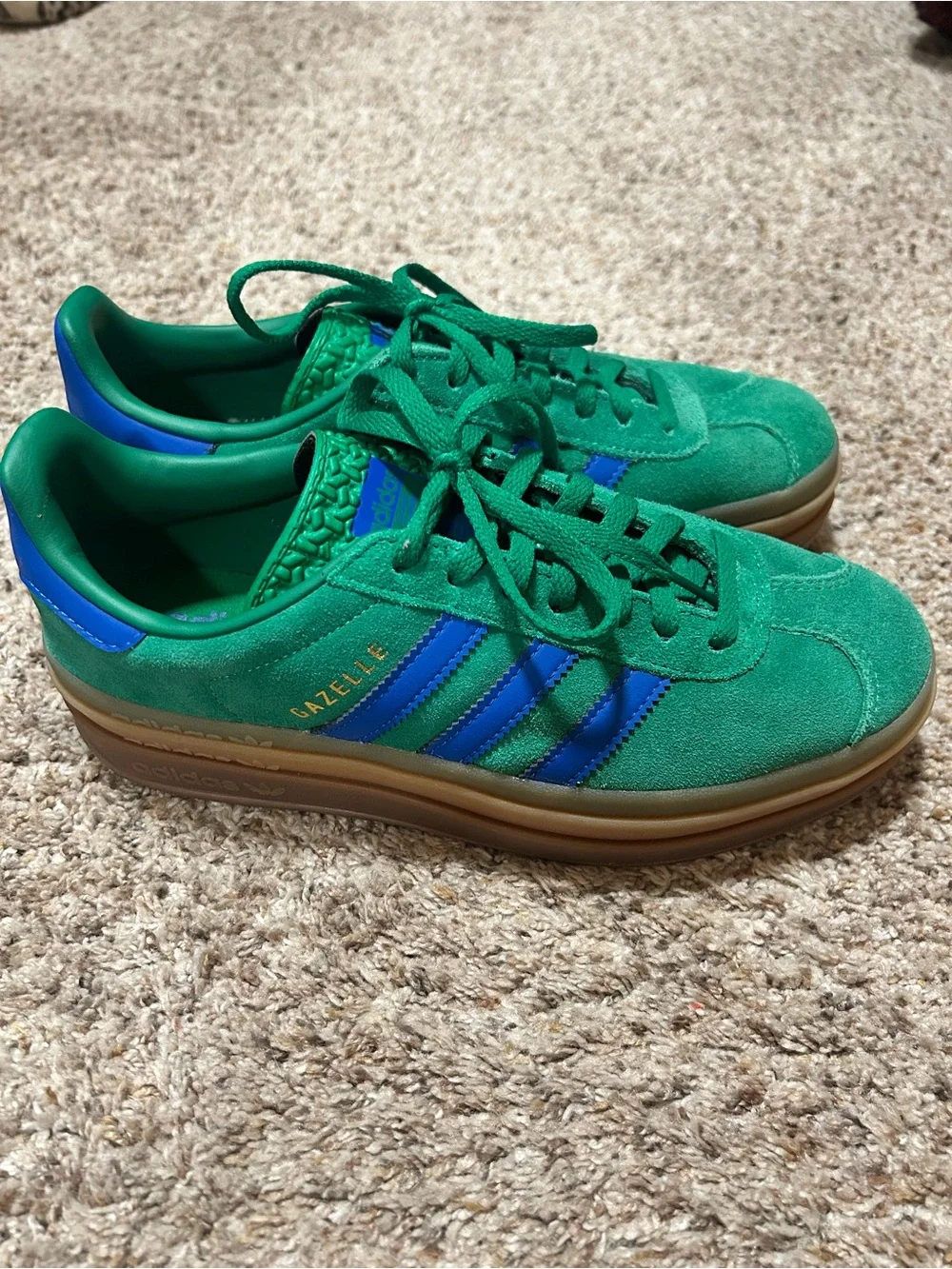 adidas Green Suede Sneakers with Blue Stripes and Gum Platform